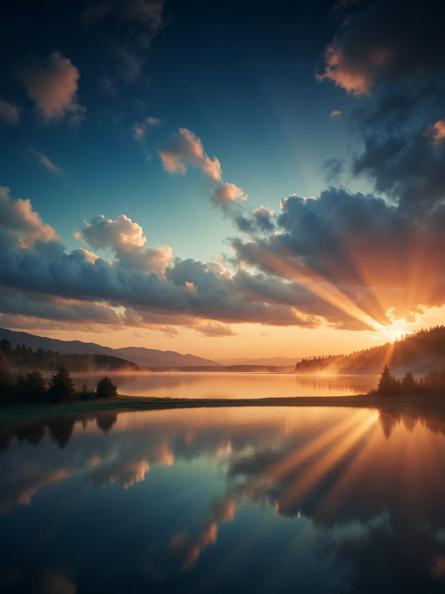 Golden sunlight breaking through parting clouds onto a still lake at dawn